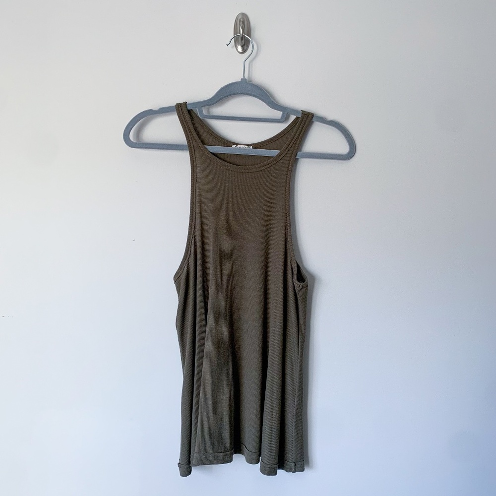 Free People Olive Green Ribbed High Neck Tank Top